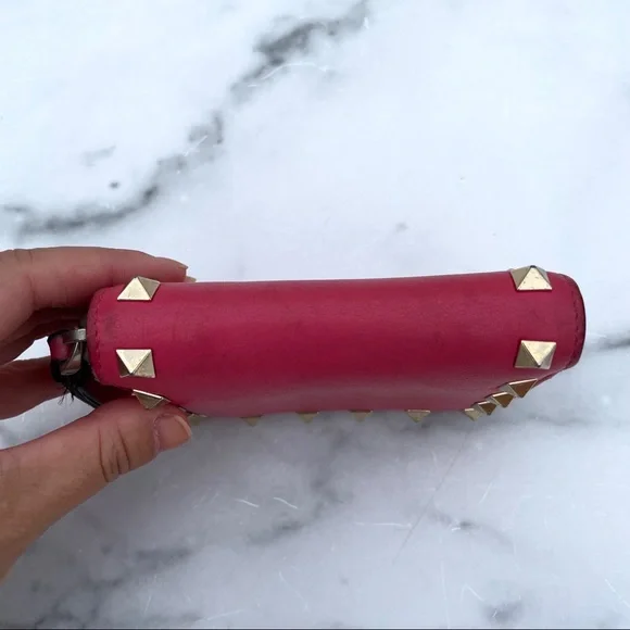 Valentino Rockstud hot pink mini leather zip wallet